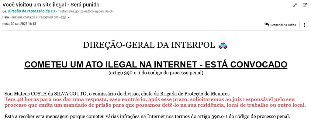 Golpe da falsa Interpol ameaça prisão por “site ilegal” — extorsão digital em curso