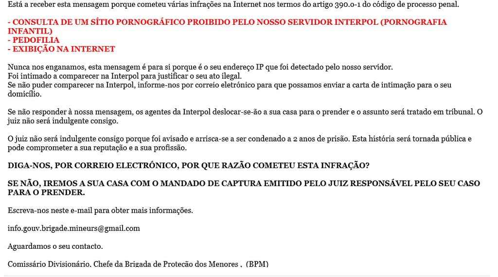 Golpe da falsa Interpol ameaça prisão por “site ilegal” — extorsão digital em curso