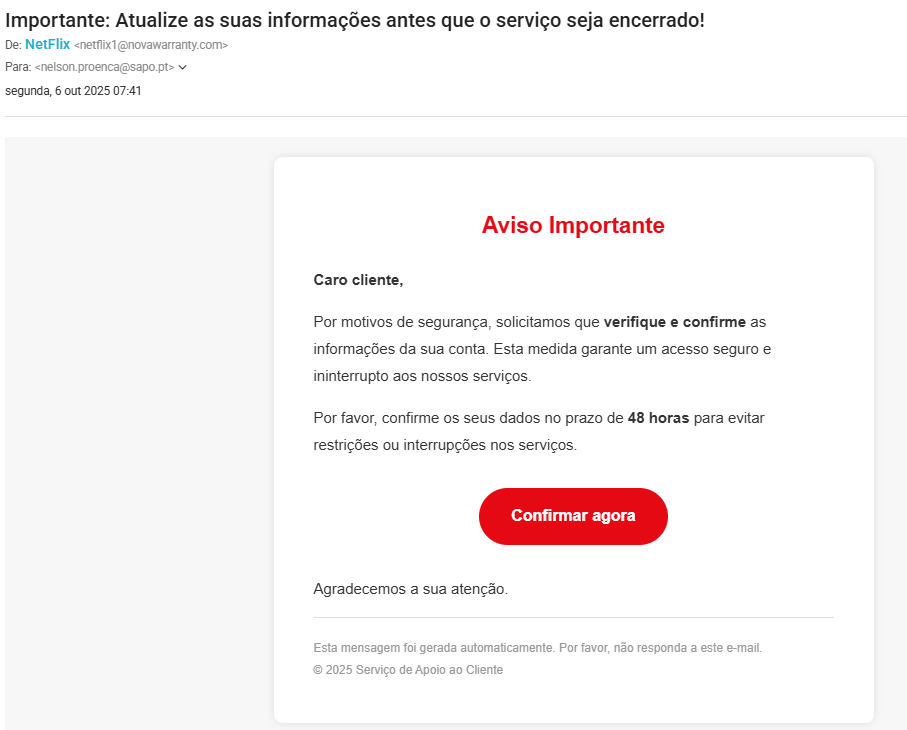 Email com golpe imita a Netflix!